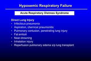 Hypoxemic Respiratory Failure
Acute Respiratory Distress Syndrome
Direct Lung Injury
• Infectious pneumonia
• Aspiration, chemical pneumonitis
• Pulmonary contusion, penetrating lung injury
• Fat emboli
• Near-drowning
• Inhalation injury
• Reperfusion pulmonary edema s/p lung transplant
 