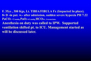 F. 35ys , 300 Kgs, Lt. TIBIA/FIBULA Fx (Impacted In place).
8th D -in pat. w.- after admission, sudden severe hypoxia PH 7.22
PaCO2 =72 mmhg PaO2=43 mmhg HCO36 , Unconscious.
Anesthesia on duty was called to IPW. Supported
ventilation shifted pt. to ICU. Management started as
will be discussed later.
 