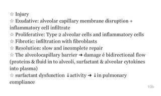 ☆ Injury
☆ Exudative: alveolar capillary membrane disruption +
inflammatory cell infiltrate
☆ Proliferative: Type 2 alveolar cells and inflammatory cells
☆ Fibrotic: infiltration with fibroblasts
☆ Resolution: slow and incomplete repair
☆ The alveolocapillary barrier ➜ damage é bidirectional flow
(proteins & fluid in to alveoli, surfactant & alveolar cytokines
into plasma)
☆ surfactant dysfunction ↓activity ➜ ↓in pulmonary
compliance
10b
 