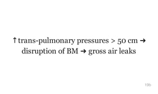 ↑trans-pulmonary pressures > 50 cm ➜
disruption of BM ➜ gross air leaks
19b
 