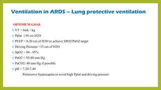 OPTIMUM GOAL
 VT = 6mL / kg
 Pplat ≤30 cm H2O
 PEEP = 8-20 cm of H2O to achieve SPO2/PaO2 target
 Driving Pressure <15 cm of H2O
 SpO2 = 88 - 95%
 PaO2 = 55-80 mm Hg
 PaCO2: 40 mm Hg if possible
 pH = 7.20-7.40
Permissive hypercapnia to avoid high Pplat and driving pressure
Ventilation in ARDS – Lung protective ventilation
 