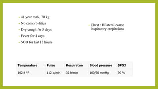 • 41 year male, 70 kg
• No comorbidities
• Dry cough for 5 days
• Fever for 4 days
• SOB for last 12 hours
Temperature Pulse Respiration Blood pressure SPO2
102.4 °F 112 b/min 32 b/min 100/60 mmHg 90 %
• Chest : Bilateral coarse
inspiratory crepitations
 