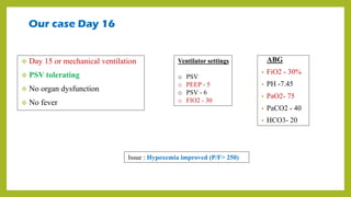 Our case Day 16
 Day 15 or mechanical ventilation
 PSV tolerating
 No organ dysfunction
 No fever
ABG
• FiO2 - 30%
• PH -7.45
• PaO2- 75
• PaCO2 - 40
• HCO3- 20
Ventilator settings
o PSV
o PEEP - 5
o PSV - 6
o FIO2 - 30
Issue : Hypoxemia improved (P/F> 250)
 