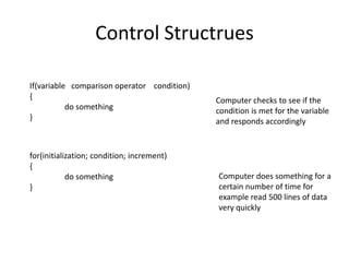 Control Structrues
If(variable comparison operator condition)
{
do something
}
for(initialization; condition; increment)
{
do something
}
Computer checks to see if the
condition is met for the variable
and responds accordingly
Computer does something for a
certain number of time for
example read 500 lines of data
very quickly
 