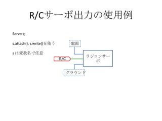 R/Cサーボ出力の使用例
Servo s;
s.attach(), s.write()を使う
s は変数名で任意

電源
ラジコンサー
ボ
グラウンド

 