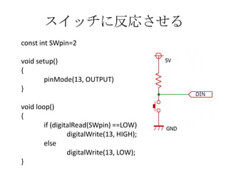 スイッチに反応させる
const int SWpin=2
void setup()
{
pinMode(13, OUTPUT)
}
void loop()
{
if (digitalRead(SWpin) ==LOW)
digitalWrite(13, HIGH);
else
digitalWrite(13, LOW);
}

 