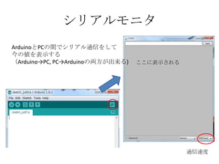 シリアルモニタ
ArduinoとPCの間でシリアル通信をして
今の値を表示する
（Arduino→PC, PC→Arduinoの両方が出来る)

ここに表示される

通信速度

 