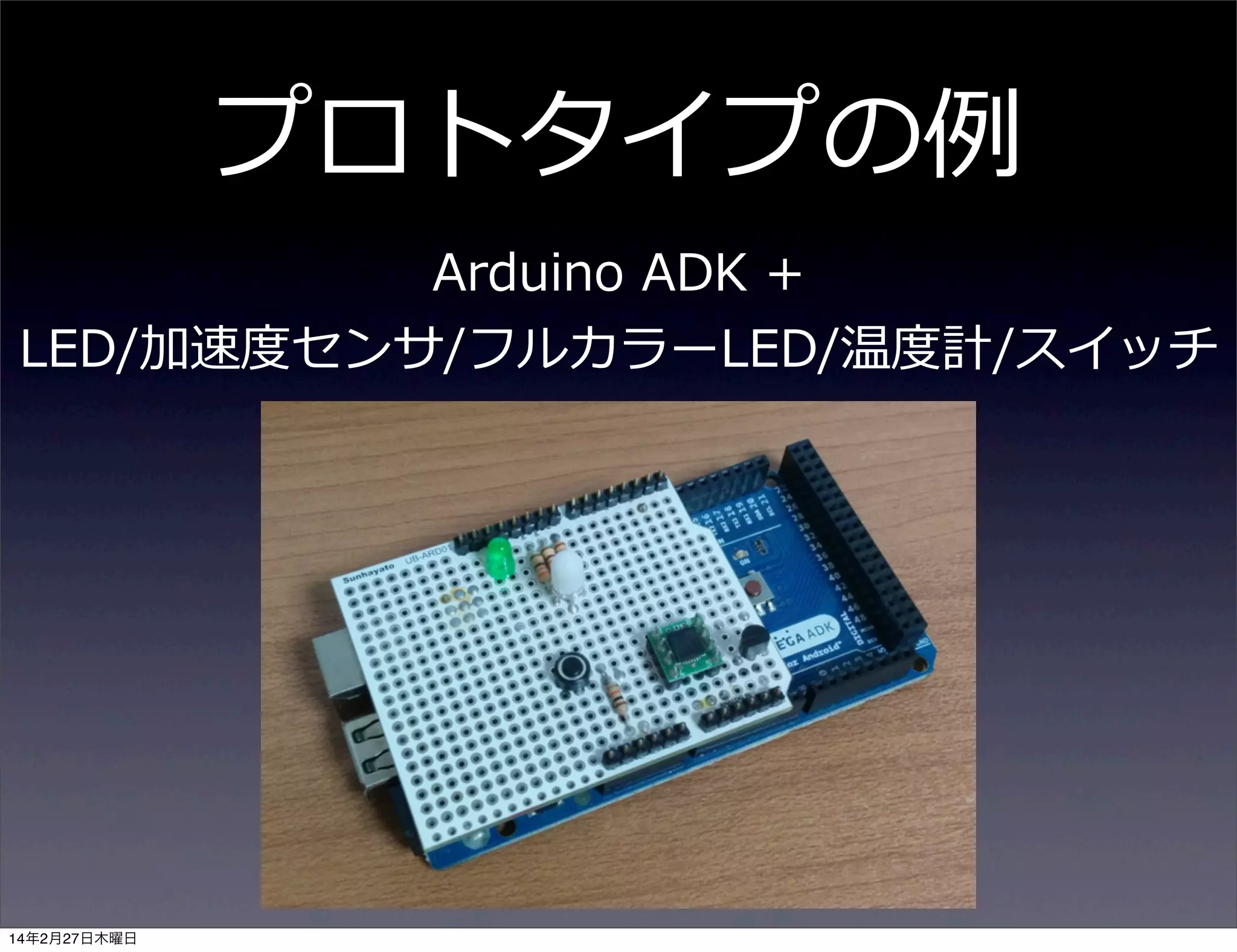 プロトタイプの例例
Arduino  ADK  +  
LED/加速度度センサ/フルカラーLED/温度度計/スイッチ

14年2月27日木曜日

 
