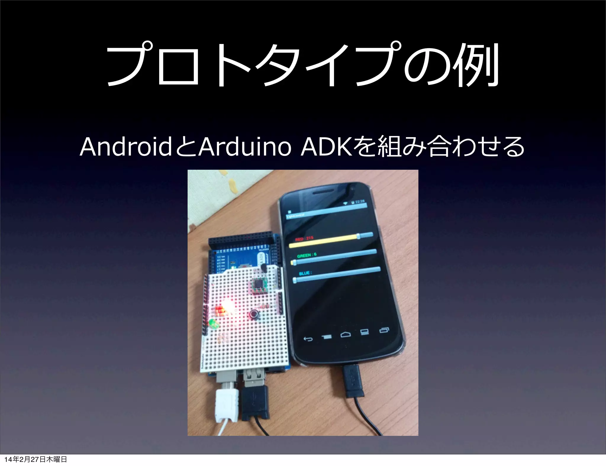 プロトタイプの例例
AndroidとArduino  ADKを組み合わせる

14年2月27日木曜日

 