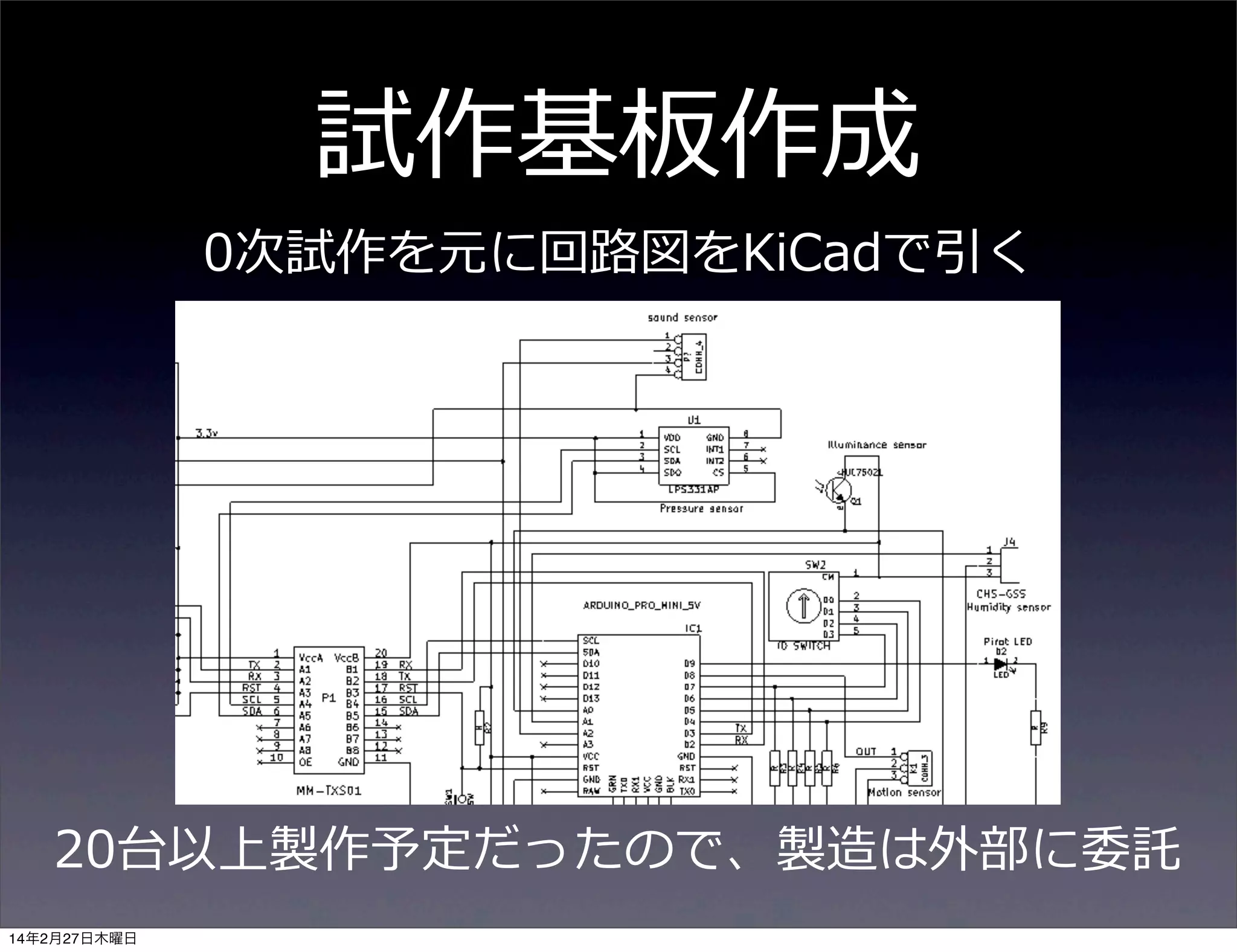 試作基板作成
0次試作を元に回路路図をKiCadで引く

20台以上製作予定だったので、製造は外部に委託
14年2月27日木曜日

 