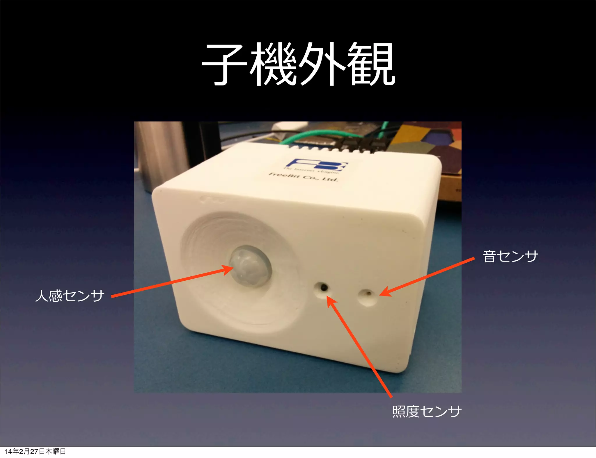 ⼦子機外観

⾳音センサ
⼈人感センサ

照度度センサ
14年2月27日木曜日

 