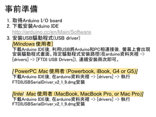 ???? 
?? ??????????????????? 
?? ?????????????? 
http://arduino.cc/en/Main/Software 
?? ???????????????????? 
[Windows ???? 
?????????????????????????????????????????? 
???????????????????????????????? 
????????????????????????????????????????? 
[ PowerPC Mac ?????Powerbook, iBook, G4 or G5)] 
????????????????????????????????????????????? 
??????????????????????????????? 
[Intel Mac ?????MacBook, MacBook Pro, or Mac Pro)] 
????????????????????????????????????????????? 
??????????????????????????????? 
 
