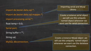 import de.bezier.data.sql.*;
import de.bezier.data.sql.mapper.*;
import processing.serial.*;
float temp = 0.0;
Serial port;
String buffer = "";
String val;
MySQL dbconnection;
Importing serial and Mysql
Library
Create a instance serial object
.we will use this uniquely
named object whenever we
want use the serial connection.
Create a instance Mysql object .we
will use this uniquely named object
whenever we want use the database
connection.
 