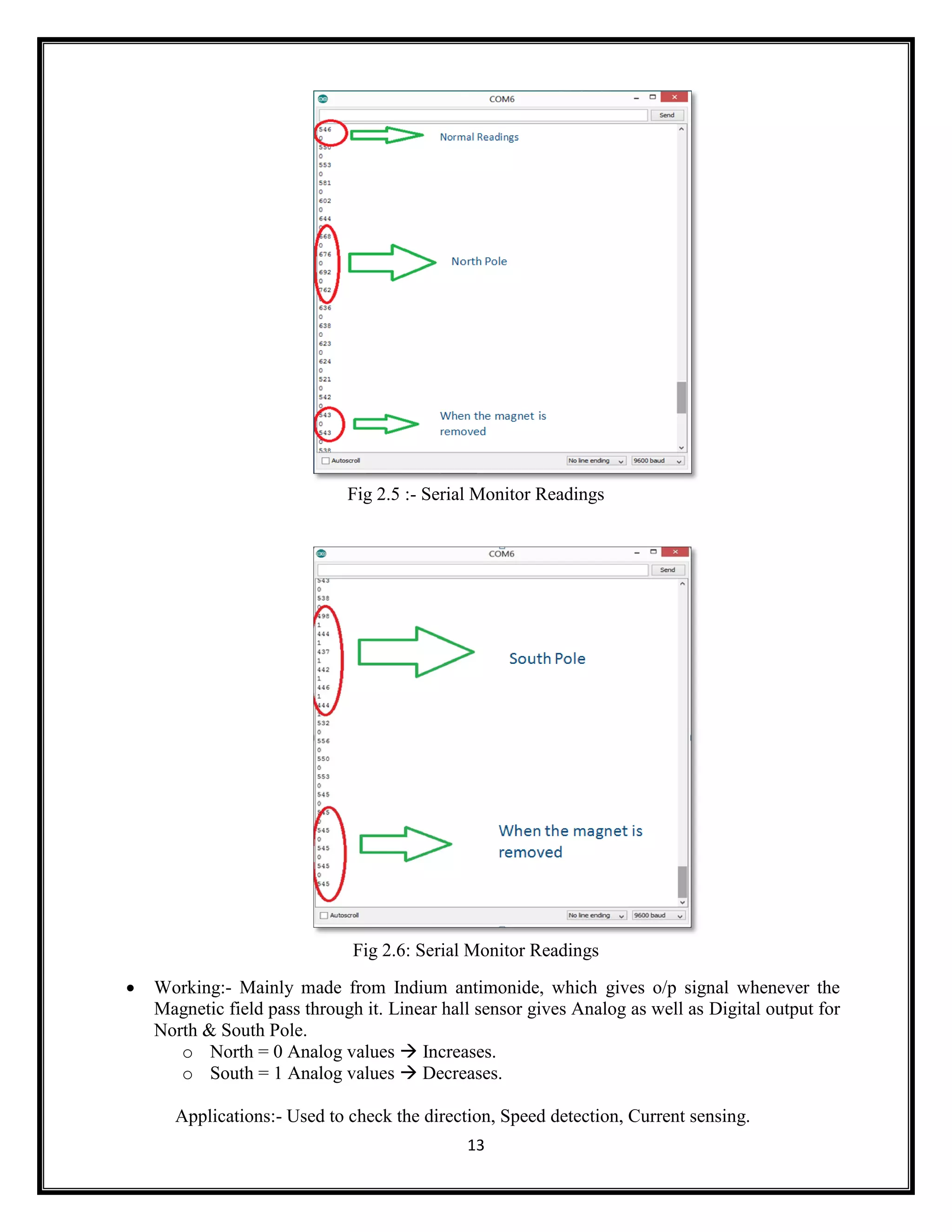 13 Fig 2.5 :- Serial Monitor Readings Fig 2.6: Serial Monitor Readings  Working:- Mainly made from Indium antimonide, which gives o/p signal whenever the Magnetic field pass through it. Linear hall sensor gives Analog as well as Digital output for North & South Pole. o North = 0 Analog values  Increases. o South = 1 Analog values  Decreases. Applications:- Used to check the direction, Speed detection, Current sensing. 