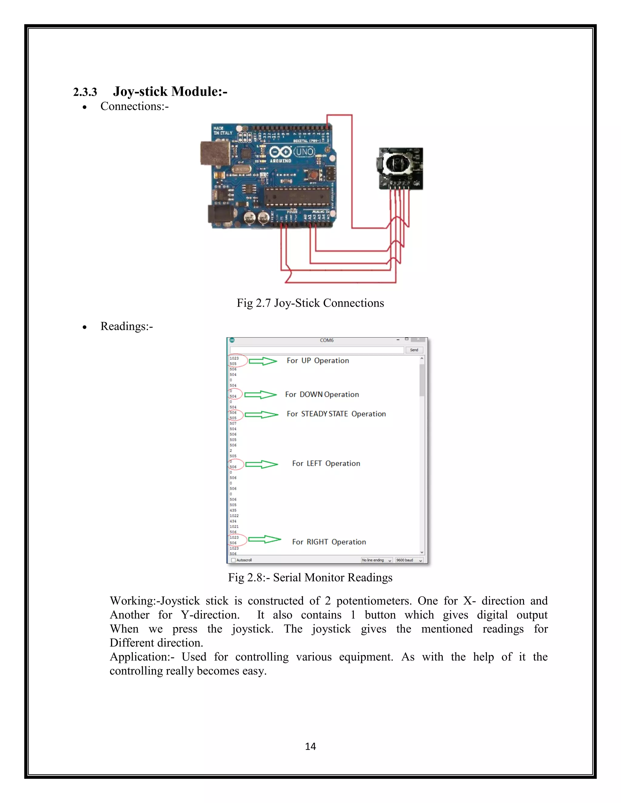 14 2.3.3 Joy-stick Module:-  Connections:- Fig 2.7 Joy-Stick Connections  Readings:- Fig 2.8:- Serial Monitor Readings Working:-Joystick stick is constructed of 2 potentiometers. One for X- direction and Another for Y-direction. It also contains 1 button which gives digital output When we press the joystick. The joystick gives the mentioned readings for Different direction. Application:- Used for controlling various equipment. As with the help of it the controlling really becomes easy. 