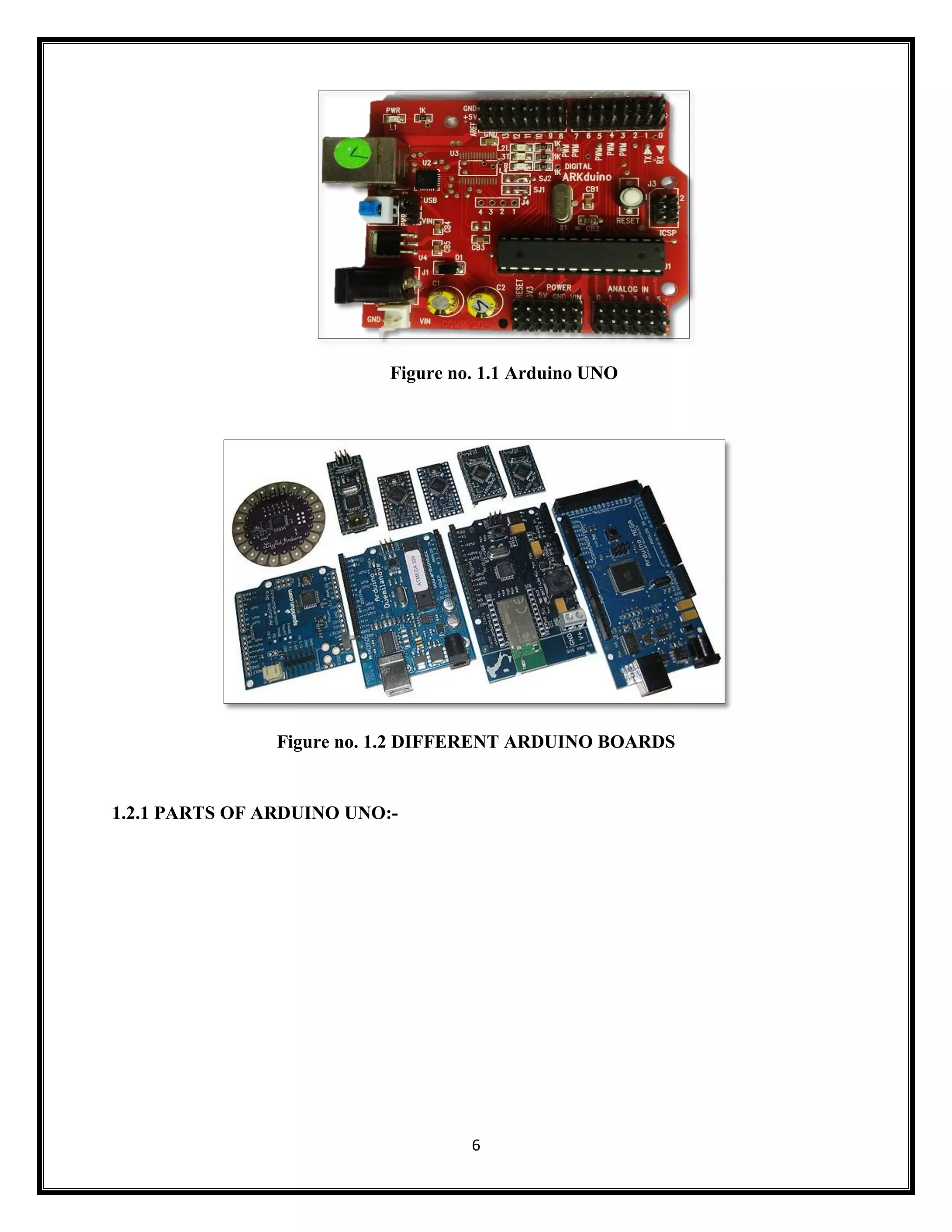 6 Figure no. 1.1 Arduino UNO Figure no. 1.2 DIFFERENT ARDUINO BOARDS 1.2.1 PARTS OF ARDUINO UNO:- 