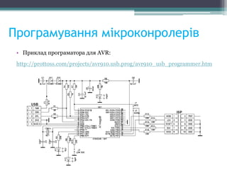 Програмування мікроконролерів
• Приклад програматора для AVR:
http://prottoss.com/projects/avr910.usb.prog/avr910_usb_programmer.htm
 
