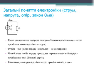 Загальні поняття електроніки (струм,
напруга, опір, закон Ома)
• Якщо два контакти джерела напруги з'єднати провідником – через
провідник почне протікати струм;
• Струм – рух носіїв заряду (в металах – це електрони);
• Чим більше носіїв заряду проходить через поперечний переріз
провідника- тим більший струм;
• Вважають, що струм протікає через провідники від + до –
 