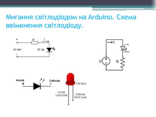 Мигання світлодіодом на Arduino. Схема
ввімкнення світлодіоду.
 