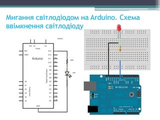 Мигання світлодіодом на Arduino. Схема
ввімкнення світлодіоду.
 