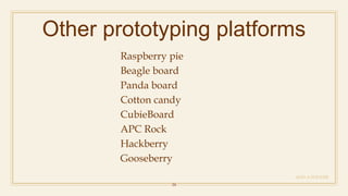 Other prototyping platforms
ADD A FOOTER
16
Raspberry pie
Beagle board
Panda board
Cotton candy
CubieBoard
APC Rock
Hackberry
Gooseberry
 