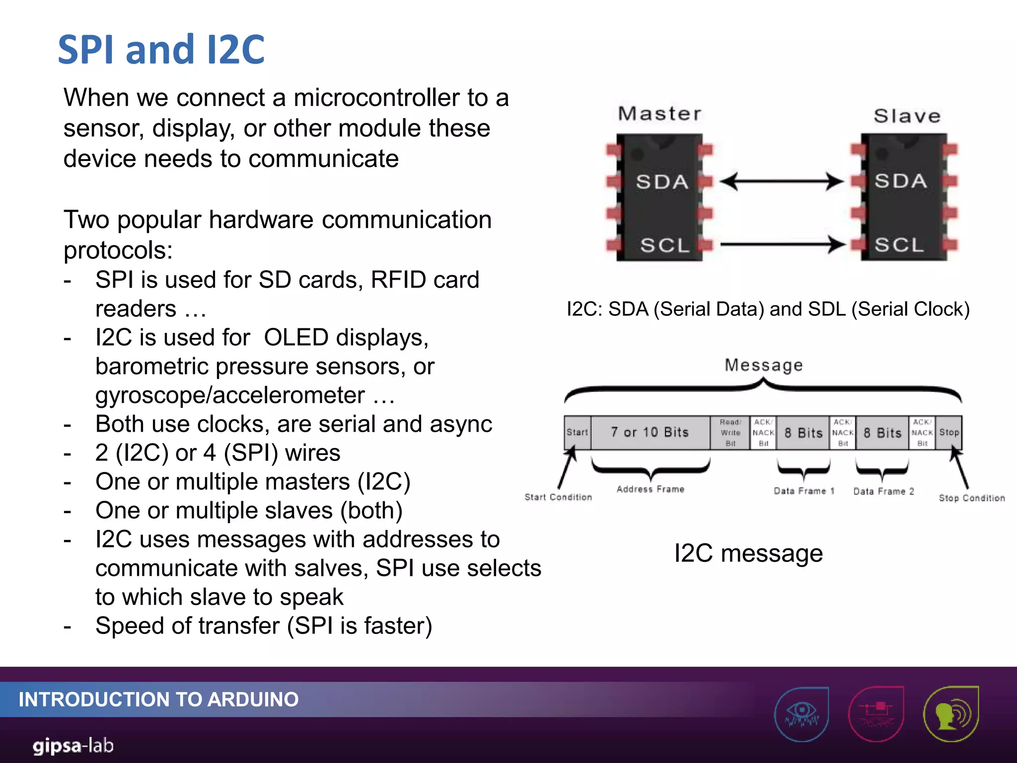 SPI and I2C INTRODUCTION TO ARDUINO When we connect a microcontroller to a sensor, display, or other module these device needs to communicate Two popular hardware communication protocols: - SPI is used for SD cards, RFID card readers … - I2C is used for OLED displays, barometric pressure sensors, or gyroscope/accelerometer … - Both use clocks, are serial and async - 2 (I2C) or 4 (SPI) wires - One or multiple masters (I2C) - One or multiple slaves (both) - I2C uses messages with addresses to communicate with salves, SPI use selects to which slave to speak - Speed of transfer (SPI is faster) I2C message I2C: SDA (Serial Data) and SDL (Serial Clock) 