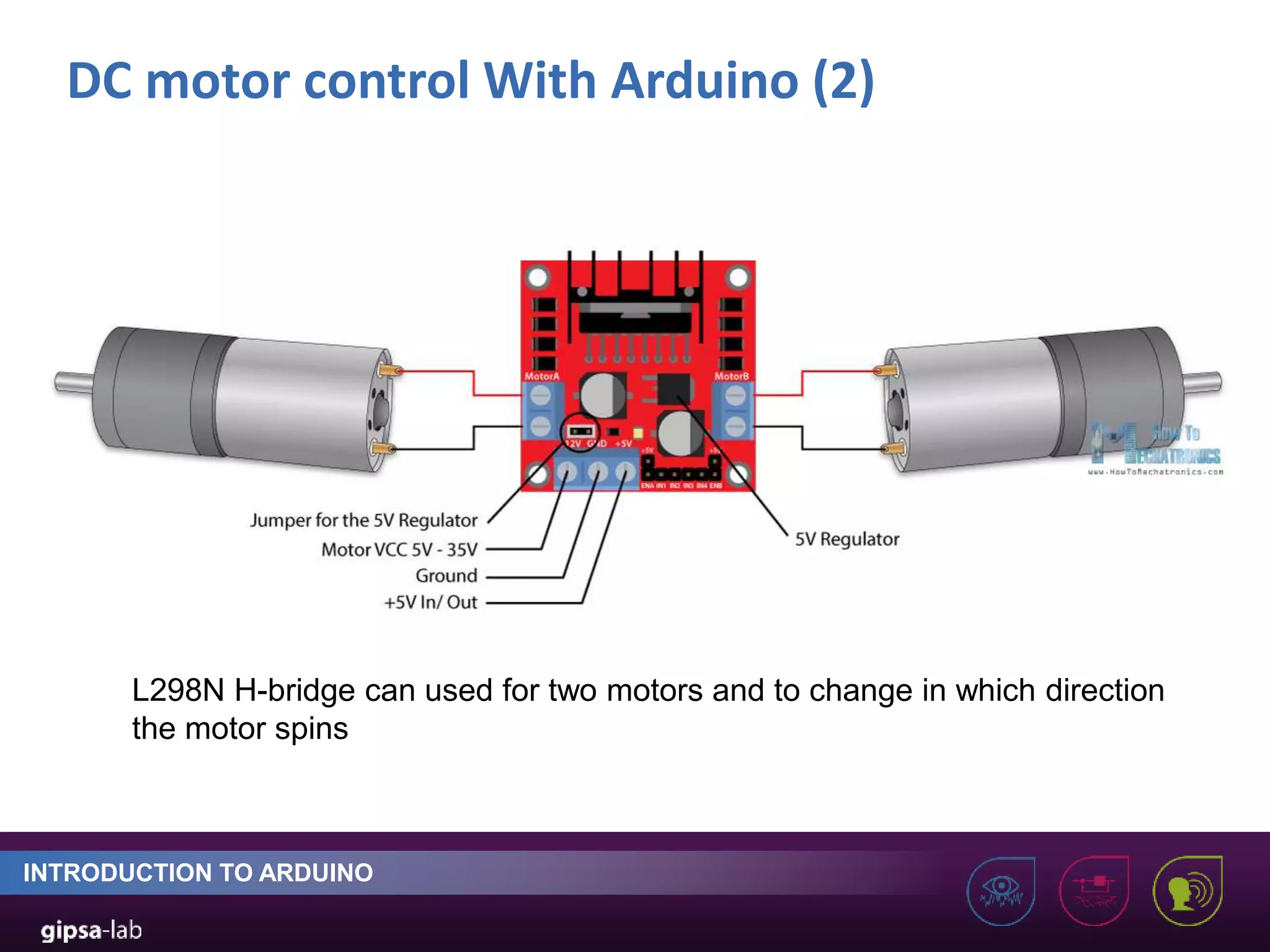 DC motor control With Arduino (2) INTRODUCTION TO ARDUINO L298N H-bridge can used for two motors and to change in which direction the motor spins 