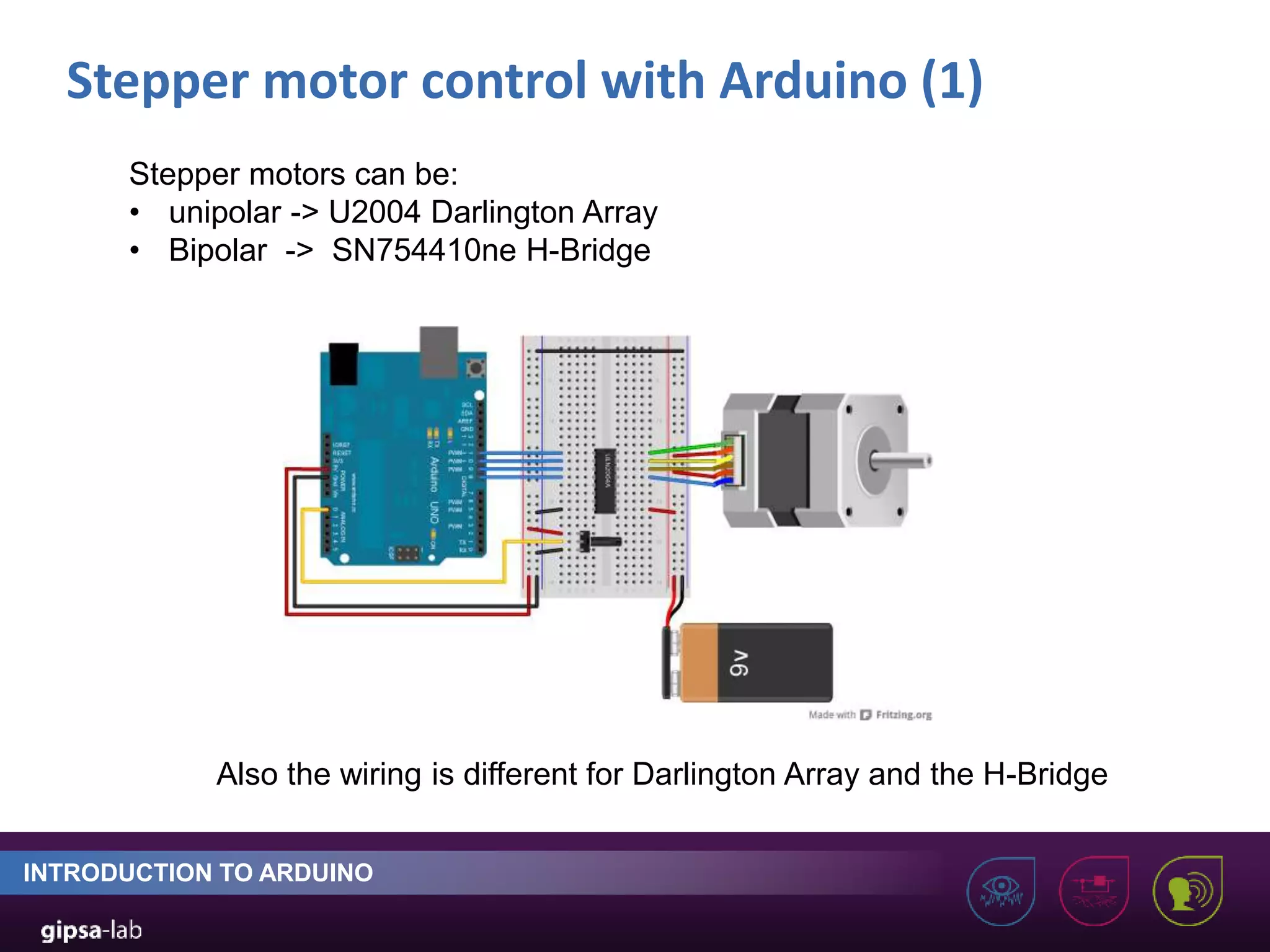 Stepper motor control with Arduino (1) INTRODUCTION TO ARDUINO Stepper motors can be: • unipolar -> U2004 Darlington Array • Bipolar -> SN754410ne H-Bridge Also the wiring is different for Darlington Array and the H-Bridge 