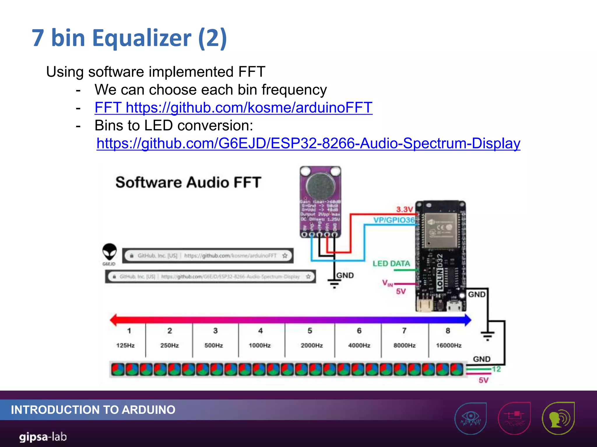 7 bin Equalizer (2) INTRODUCTION TO ARDUINO Using software implemented FFT - We can choose each bin frequency - FFT https://github.com/kosme/arduinoFFT - Bins to LED conversion: https://github.com/G6EJD/ESP32-8266-Audio-Spectrum-Display 