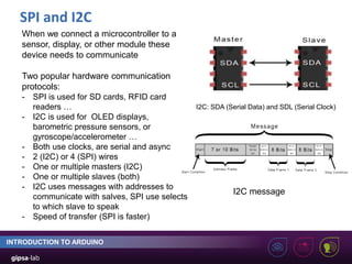 SPI and I2C
INTRODUCTION TO ARDUINO
When we connect a microcontroller to a
sensor, display, or other module these
device needs to communicate
Two popular hardware communication
protocols:
- SPI is used for SD cards, RFID card
readers …
- I2C is used for OLED displays,
barometric pressure sensors, or
gyroscope/accelerometer …
- Both use clocks, are serial and async
- 2 (I2C) or 4 (SPI) wires
- One or multiple masters (I2C)
- One or multiple slaves (both)
- I2C uses messages with addresses to
communicate with salves, SPI use selects
to which slave to speak
- Speed of transfer (SPI is faster)
I2C message
I2C: SDA (Serial Data) and SDL (Serial Clock)
 