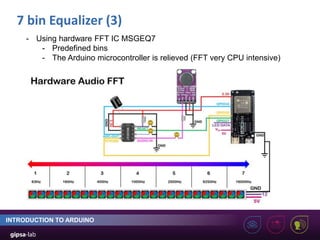 7 bin Equalizer (3)
INTRODUCTION TO ARDUINO
- Using hardware FFT IC MSGEQ7
- Predefined bins
- The Arduino microcontroller is relieved (FFT very CPU intensive)
 