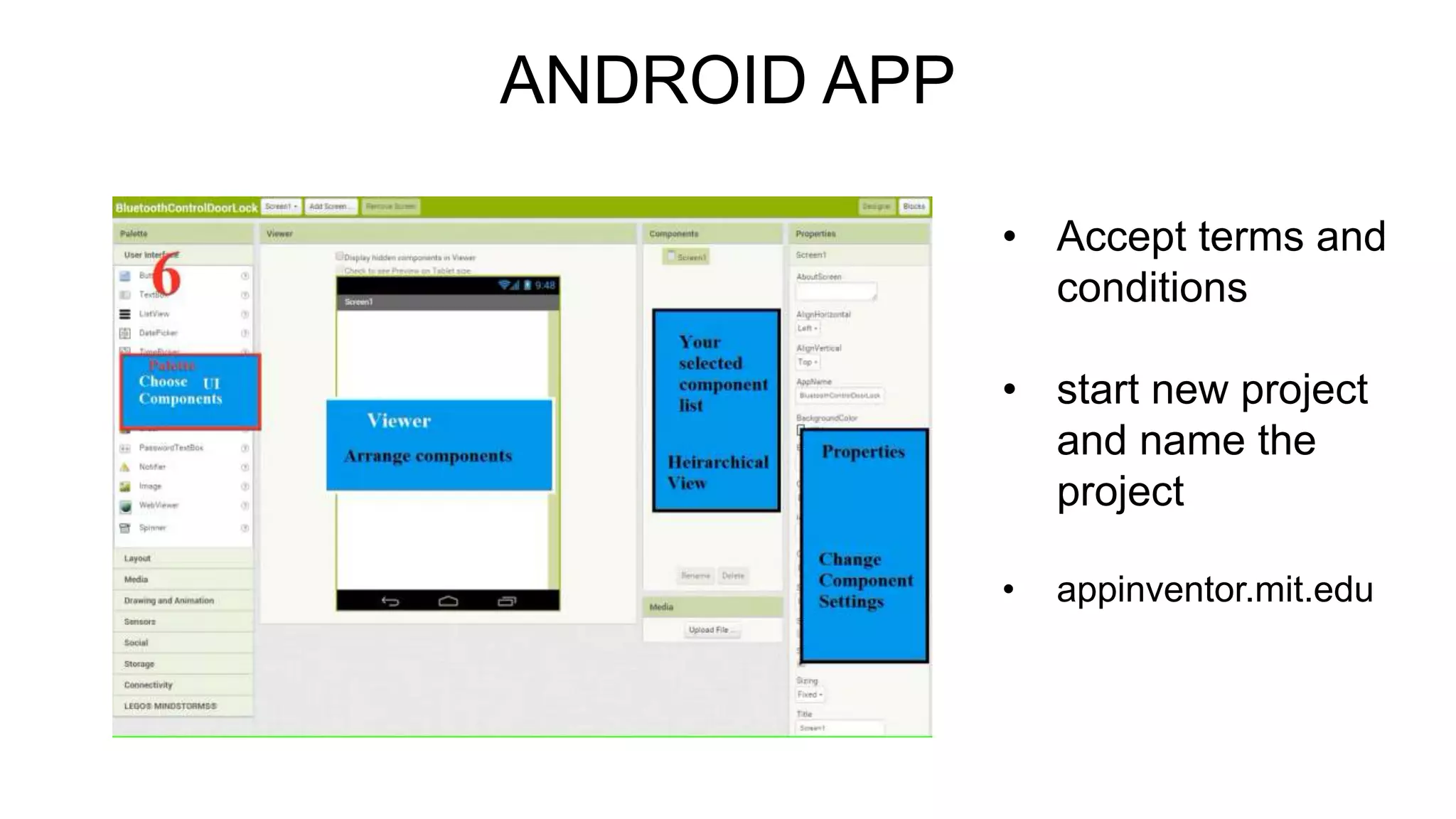 ANDROID APP
• Accept terms and
conditions
• start new project
and name the
project
• appinventor.mit.edu
 