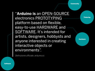 “Arduino is an OPEN-SOURCE
electronics PROTOTYPING
platform based on flexible,
easy-to-use HARDWARE and
SOFTWARE. It’s intended for
artists, designers, hobbysts and
anyone interested in creating
interactive objects or
environments”.
Tinkering
Software
Definizione ufficiale, arduino.cc
Community
Hardware
 