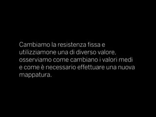 Cambiamo la resistenza fissa e
utilizziamone una di diverso valore,
osserviamo come cambiano i valori medi
e come è necessario effettuare una nuova
mappatura.
 