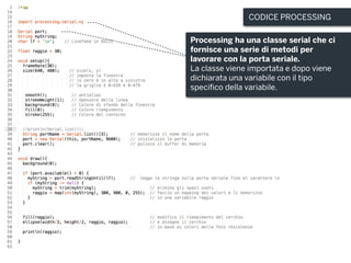 CODICE PROCESSING
Processing ha una classe serial che ci
fornisce una serie di metodi per
lavorare con la porta seriale.
La classe viene importata e dopo viene
dichiarata una variabile con il tipo
specifico della variabile.
 