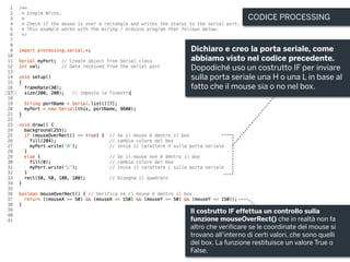 CODICE PROCESSING
Dichiaro e creo la porta seriale, come
abbiamo visto nel codice precedente.
Dopodiché uso un costrutto IF per inviare
sulla porta seriale una H o una L in base al
fatto che il mouse sia o no nel box.
Il costrutto IF effettua un controllo sulla
funzione mouseOverRect() che in realtà non fa
altro che verificare se le coordinate del mouse si
trovano all’interno di certi valori, che sono quelli
del box. La funzione restituisce un valore True o
False.
 