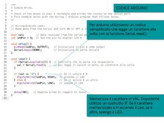 CODICE ARDUINO
Memorizzo il carattere in VAL. Dopodiché
utilizzo un costrutto IF. Se il carattere
memorizzato è H accendo il Led, se è
altro, spengo il LED.
Per arduino utilizziamo un codice
semplificato che legge un carattere alla
volta con la funzione Serial.read()
 