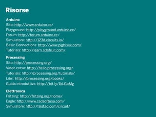 Risorse
Arduino
Processing
Elettronica
Sito: http://www.arduino.cc/
Playground: http://playground.arduino.cc/
Forum: http://forum.arduino.cc/
Simulatore: http://123d.circuits.io/
Basic Connections: http://www.pighixxx.com/
Tutorials: http://learn.adafruit.com/
Fritzing: http://fritzing.org/home/
Eagle: http://www.cadsoftusa.com/
Simulatore: http://falstad.com/circuit/
Sito: http://processing.org/
Video corso: http://hello.processing.org/
Tutorials: http://processing.org/tutorials/
Libri: http://processing.org/books/
Guida introduttiva: http://bit.ly/1kLGoMg
 