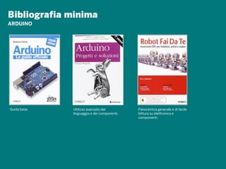 Bibliografia minima
Panoramica generale e di facile
lettura su elettronica e
componenti.
Utilizzo avanzato del
linguaggio e dei componenti.
Guida base.
ARDUINO
 