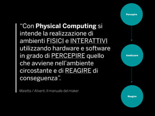 “Con Physical Computing si
intende la realizzazione di
ambienti FISICI e INTERATTIVI
utilizzando hardware e software
in grado di PERCEPIRE quello
che avviene nell’ambiente
circostante e di REAGIRE di
conseguenza”.
Maietta / Aliverti, Il manuale del maker
Reagire
Percepire
Analizzare
 