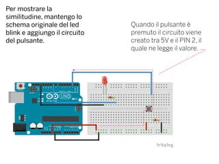 Per mostrare la
similitudine, mantengo lo
schema originale del led
blink e aggiungo il circuito
del pulsante.
Quando il pulsante è
premuto il circuito viene
creato tra 5V e il PIN 2, il
quale ne legge il valore.
 