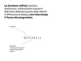 La funzione millis() calcola e
restituisce i millisecondo trascorsi
dall’inizio dell’esecuzione dello sketch.
A differenza di delay() non interrompe
il flusso del programma.
millis();
Funzione
RETURN
I millisecondi trascorsi
dalla partenza dello
sketch.
 