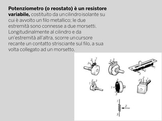 Potenziometro (o reostato) è un resistore
variabile, costituito da un cilindro isolante su
cui è avvolto un filo metallico; le due
estremità sono connesse a due morsetti.
Longitudinalmente al cilindro e da
un'estremità all'altra, scorre un cursore
recante un contatto strisciante sul filo, a sua
volta collegato ad un morsetto.
 