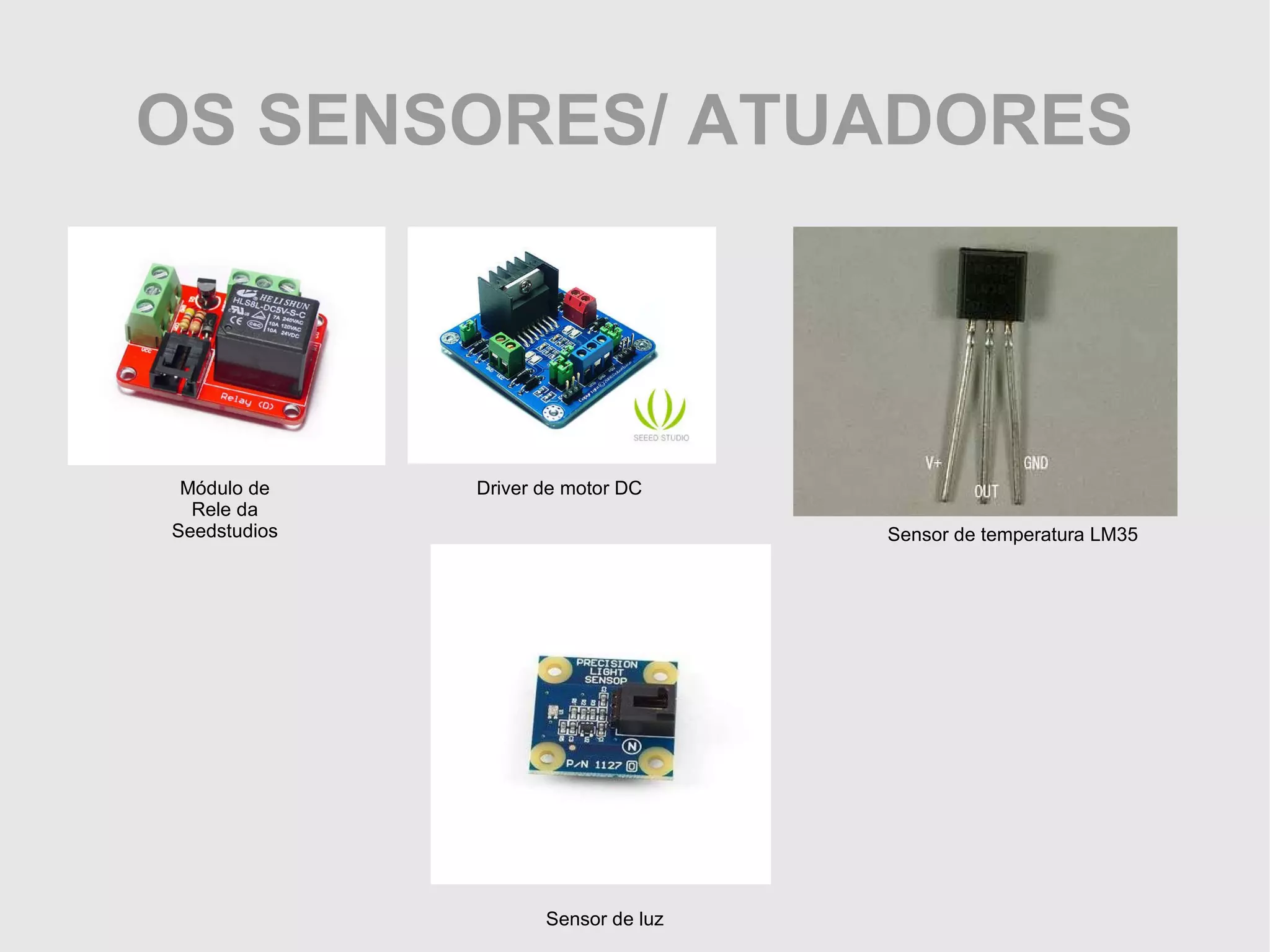 OS SENSORES/ ATUADORES Módulo de Rele da Seedstudios Driver de motor DC Sensor de temperatura LM35 Sensor de luz 
