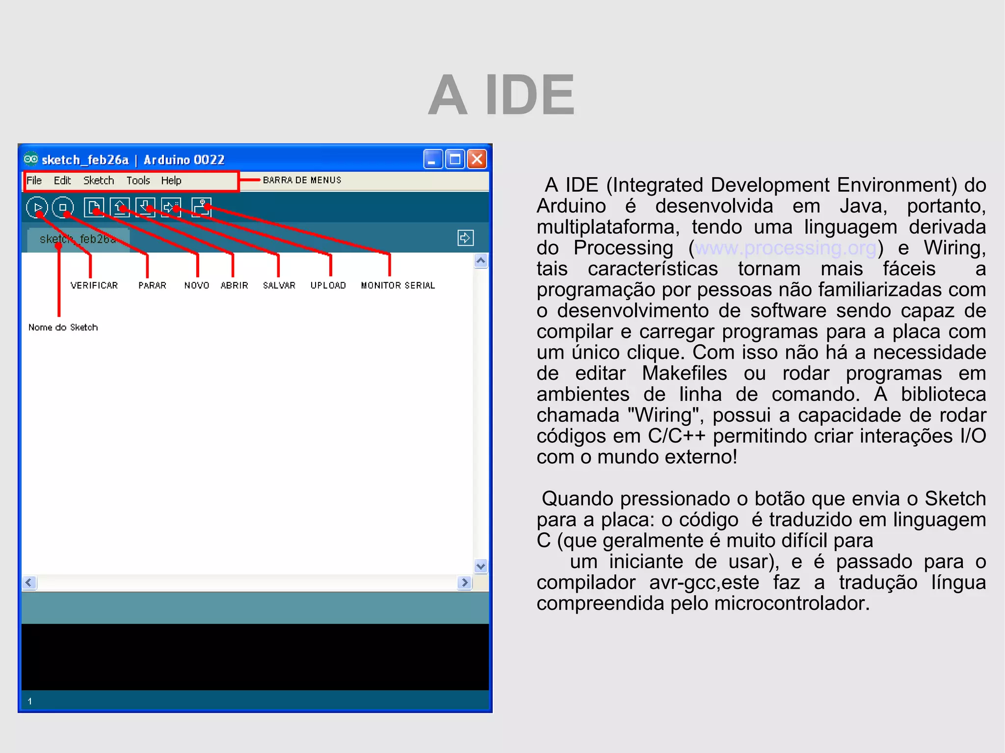 A IDE A IDE (Integrated Development Environment) do Arduino é desenvolvida em Java, portanto, multiplataforma, tendo uma linguagem derivada do Processing ( www.processing.org ) e Wiring, tais características tornam mais fáceis a programação por pessoas não familiarizadas com o desenvolvimento de software sendo capaz de compilar e carregar programas para a placa com um único clique. Com isso não há a necessidade de editar Makefiles ou rodar programas em ambientes de linha de comando. A biblioteca chamada &quot;Wiring&quot;, possui a capacidade de rodar códigos em C/C++ permitindo criar interações I/O com o mundo externo! Quando pressionado o botão que envia o Sketch para a placa: o código é traduzido em linguagem C (que geralmente é muito difícil para um iniciante de usar), e é passado para o compilador avr-gcc,este faz a tradução língua compreendida pelo microcontrolador. 