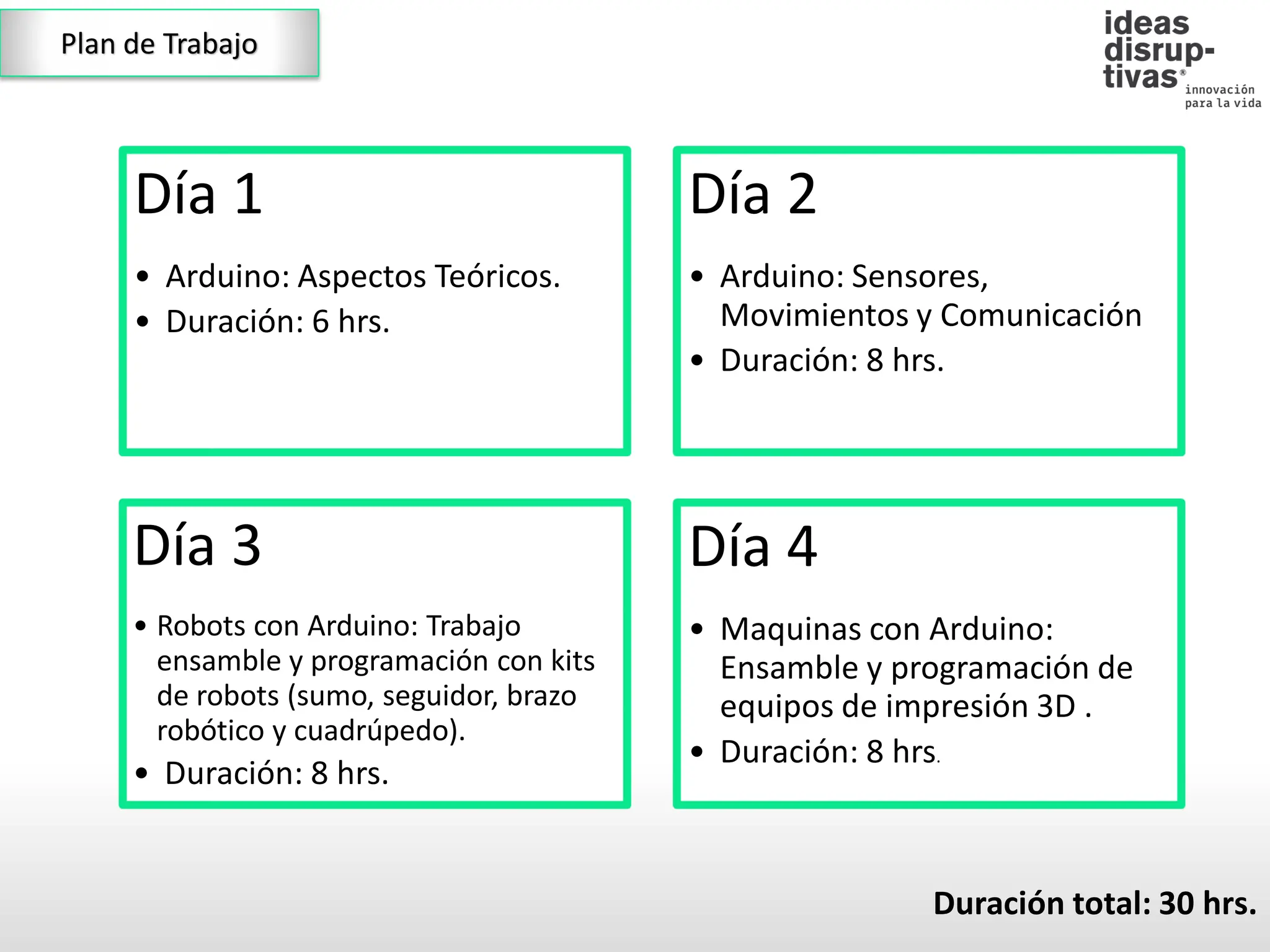 Día 1
• Arduino: Aspectos Teóricos.
• Duración: 6 hrs.
Día 2
• Arduino: Sensores,
Movimientos y Comunicación
• Duración: 8 hrs.
Día 3
• Robots con Arduino: Trabajo
ensamble y programación con kits
de robots (sumo, seguidor, brazo
robótico y cuadrúpedo).
• Duración: 8 hrs.
Día 4
• Maquinas con Arduino:
Ensamble y programación de
equipos de impresión 3D .
• Duración: 8 hrs.
Duración total: 30 hrs.
Plan de Trabajo
 