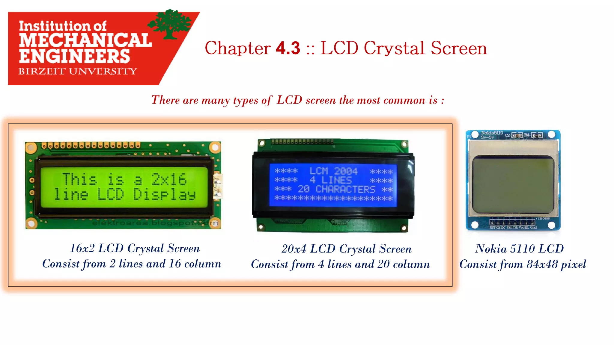 4.3 There are many types of LCD screen the most common is : 16x2 LCD Crystal Screen Consist from 2 lines and 16 column 20x4 LCD Crystal Screen Consist from 4 lines and 20 column Nokia 5110 LCD Consist from 84x48 pixel 