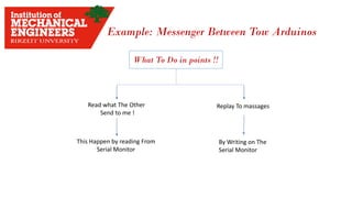 What To Do in points !!
Read what The Other
Send to me !
This Happen by reading From
Serial Monitor
Replay To massages
By Writing on The
Serial Monitor
Example: Messenger Between Tow Arduinos
 