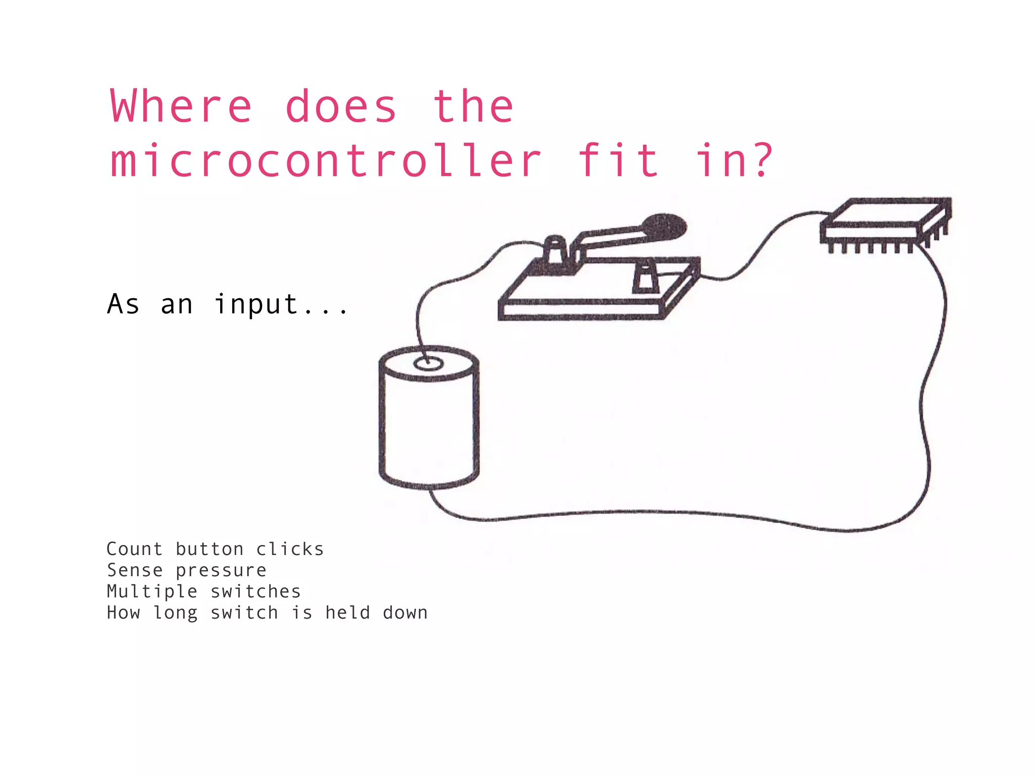 Where does the
microcontroller fit in?

As an input...




Count button clicks
Sense pressure
Multiple switches
How long switch is held down
 