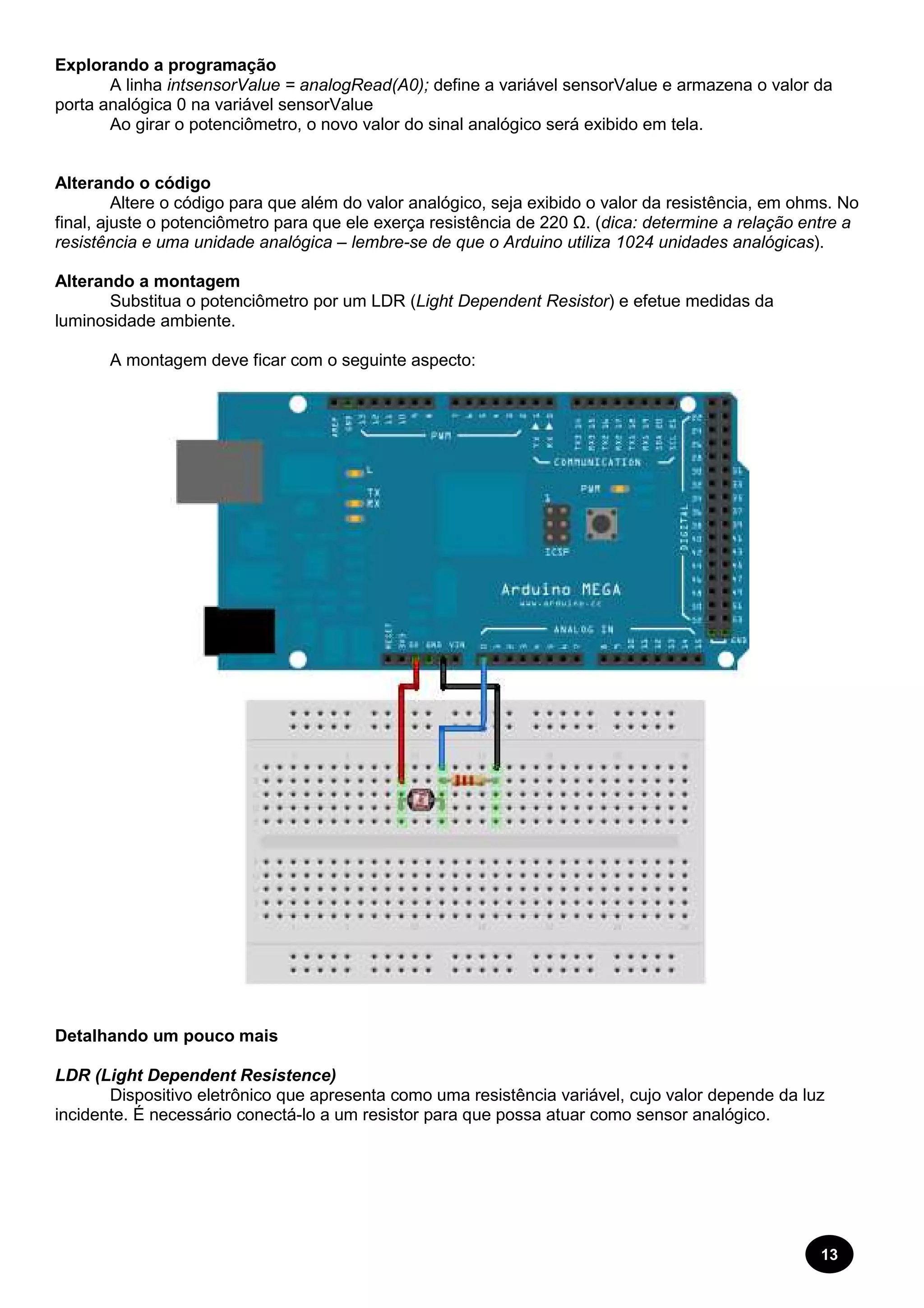 Explorando a programação 
A linha intsensorValue = analogRead(A0); 
sensorValue define a variável sensorValue e armazena o valor da 
porta analógica 0 na variável sensorValue 
Ao girar o potenciômetro, o novo valor do sinal analógico 
Alterando o código 
será exibido em tela. 
Altere o código para que além do valor analógico, seja exibido o valor da resistência, em ohms. No 
final, ajuste o potenciômetro para que ele exerça resistência de 220 
resistência e uma unidade analógica 
Alterando a montagem 
gica – lembre-se de que o Arduino utiliza 1024 unidades analógicas 
Substitua o potenciômetro por um LDR ( 
analógicas). 
ubstitua Light Dependent Resistor) e efetue medidas da 
luminosidade ambiente. 
A montagem deve ficar com o seguinte aspecto: 
Detalhando um pouco mais 
LDR (Light Dependent Resistence) 
Ω. (dica: determine a relação entre a 
Dispositivo eletrônico que apresenta como uma resistência variável, cujo valor depende da luz 
incidente. É necessário conectá-lo a um resistor para que possa atuar como sensor analógico. 
13 
)  